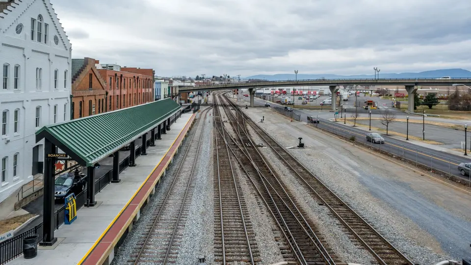 Elevated view of the train station and tracks in Roanoke, Virginia